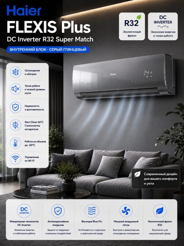 Haier FLEXIS Plus DC Inverter R32 Super Match (серый глянцевый)