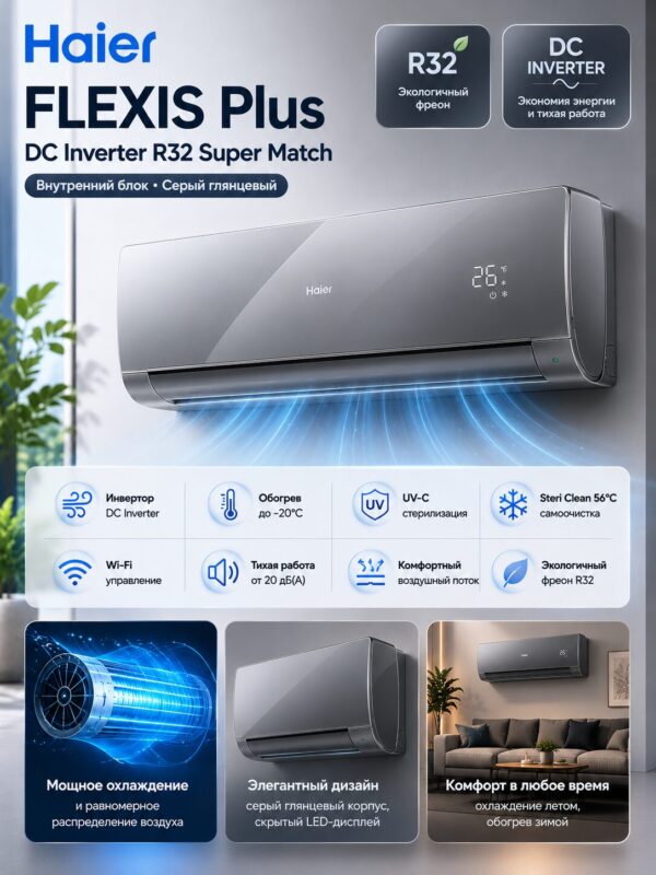 Haier FLEXIS Plus DC Inverter R32 Super Match (серый глянцевый)